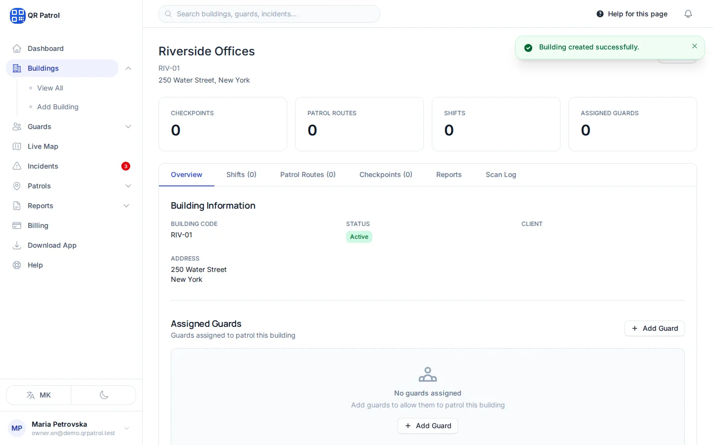 The building page opens. Use these tabs to add checkpoints, routes and shifts.