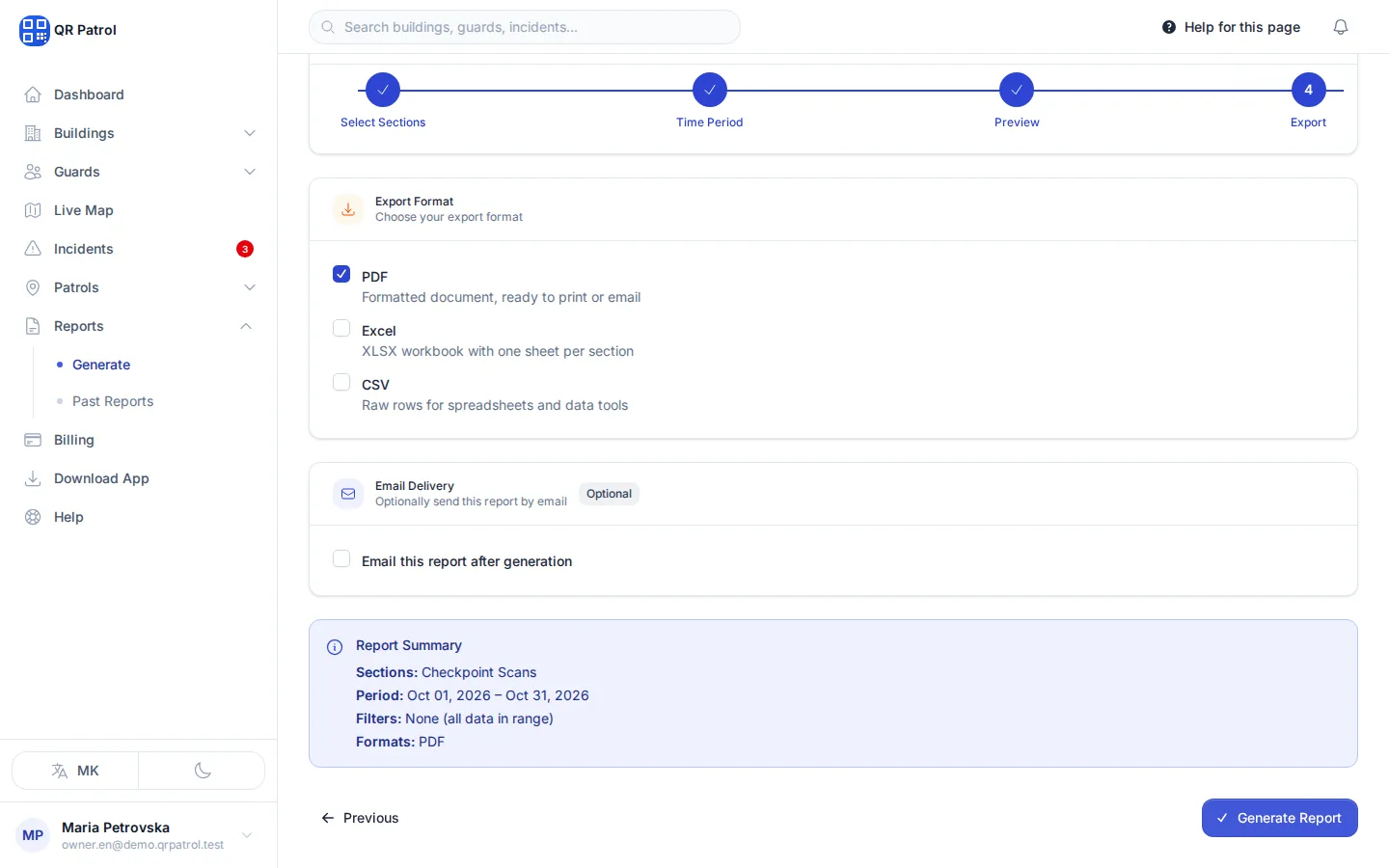 Click Generate Report. The finished report appears in Past Reports.