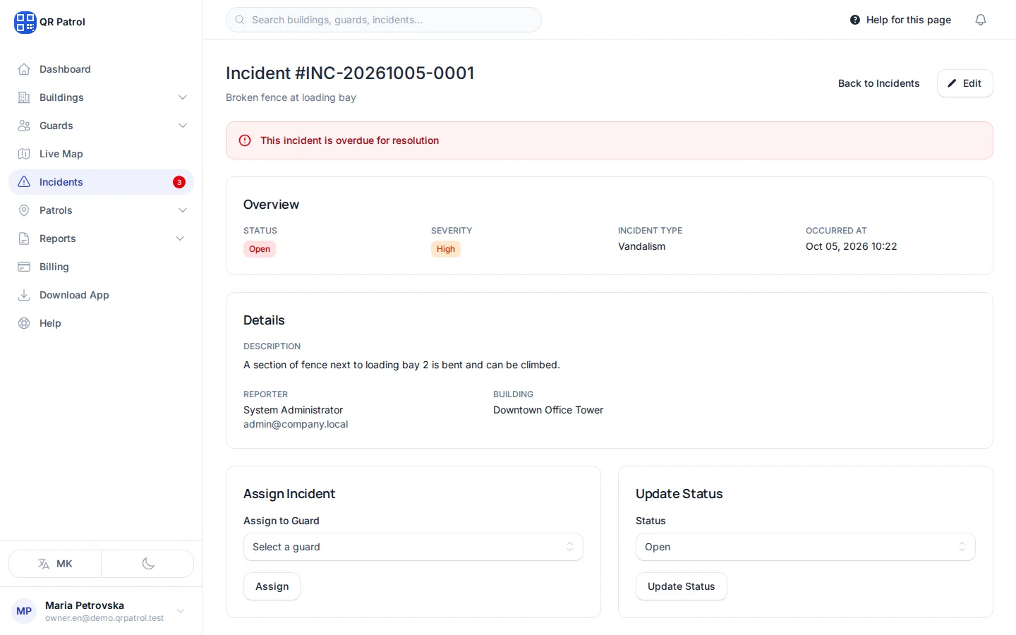 The Overview shows the status, severity, type and when it happened.